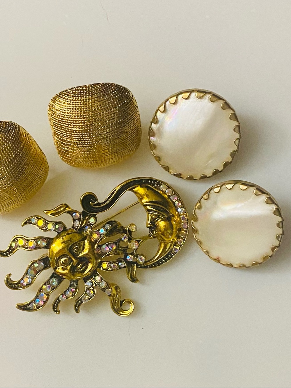 Gold Tone Sun & Moon Brooch w/ Mother-of-Pearl Accent and Stamp Napier Ear Rings